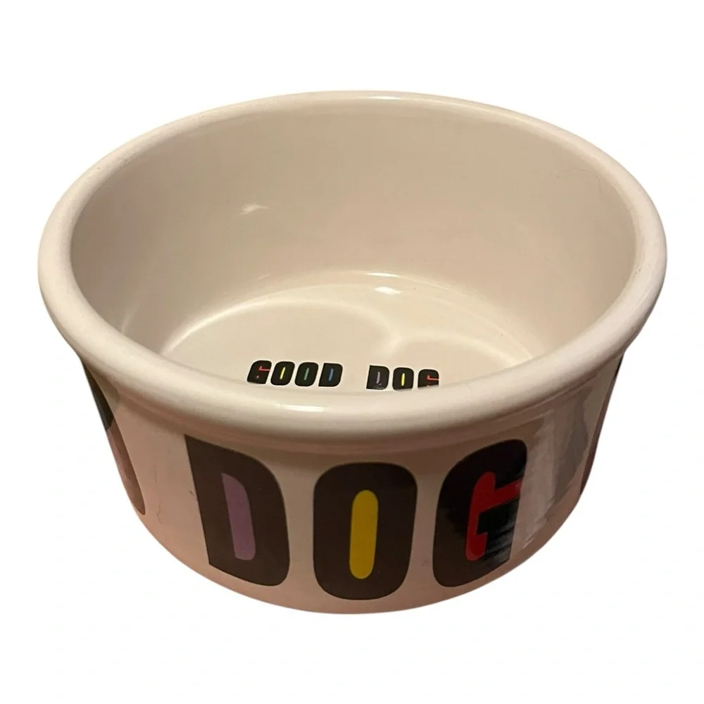 Ceramic Dog Bowl White Large Black block letters GOOD DOG Primary color Interior